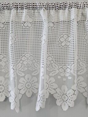 Vintage White Woven Lace 70"W X 15.5"-18"H One Piece Curtain Valance with Floral